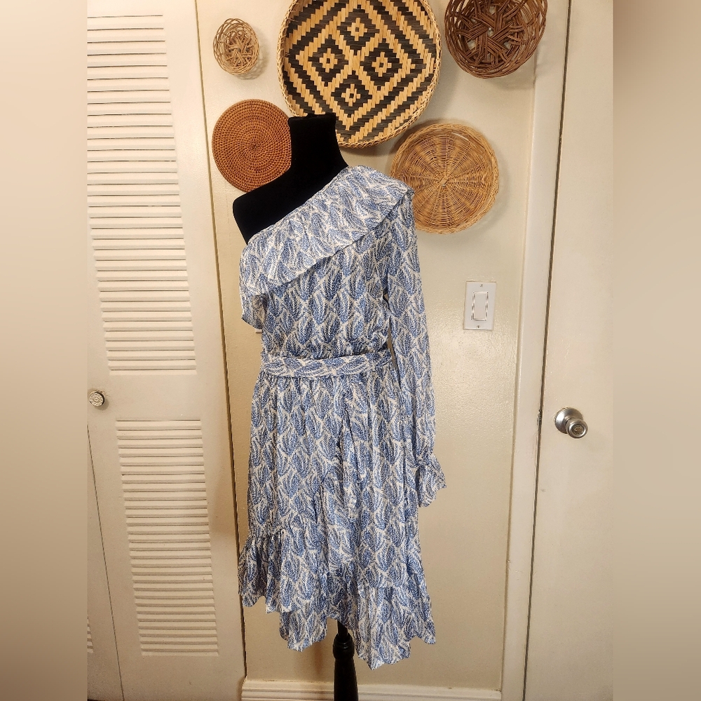 LAST ONE! White and Blue One Sleeve Ruffle Mini Dress With Wrap - Picture 11 of 13